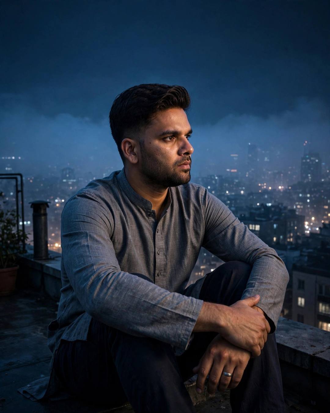 Young Indian man in grey kurta sitting on a rooftop at midnight overlooking foggy city lights