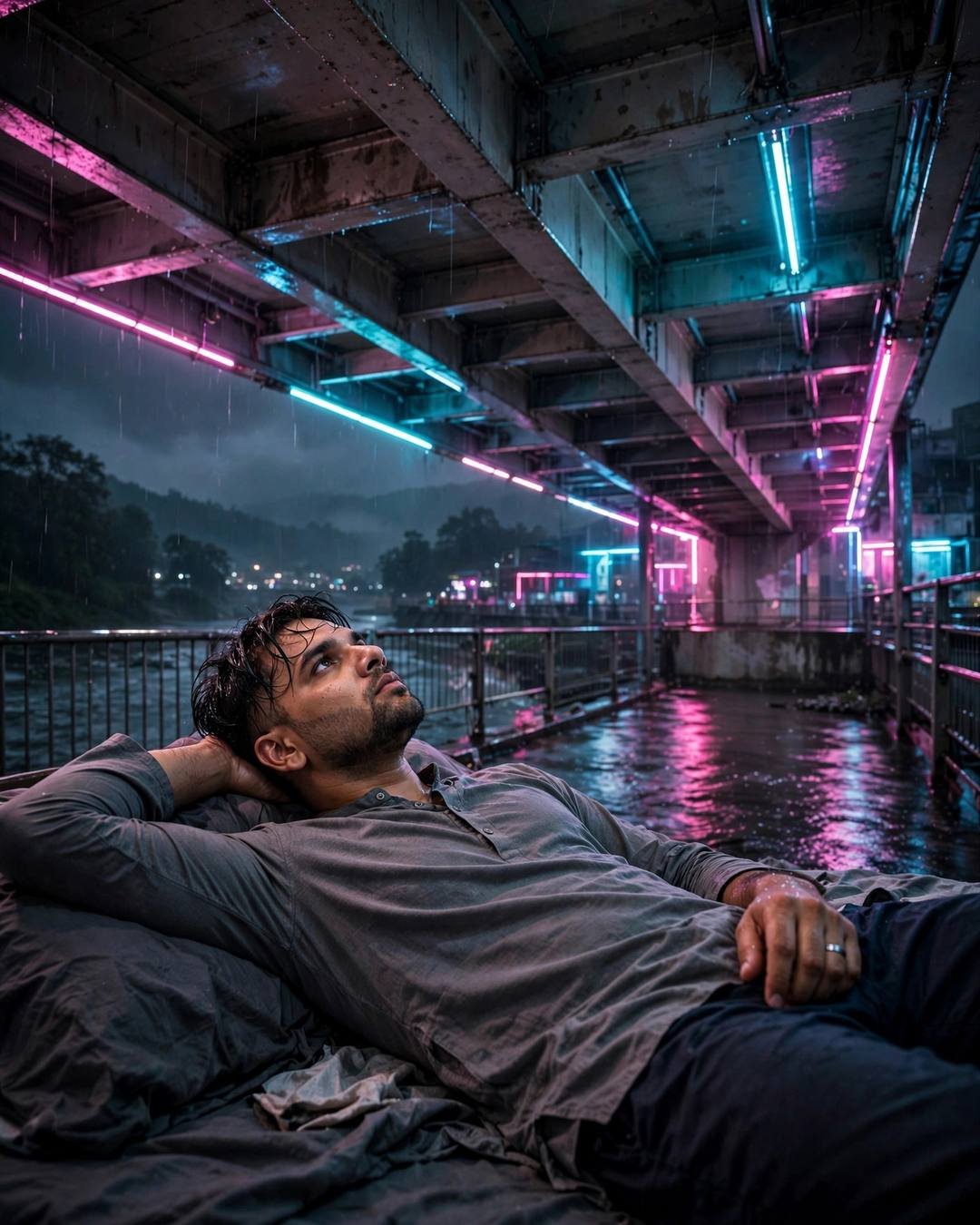 Young Indian man in grey kurta reclining under a bridge at night with pink and cyan neon lights