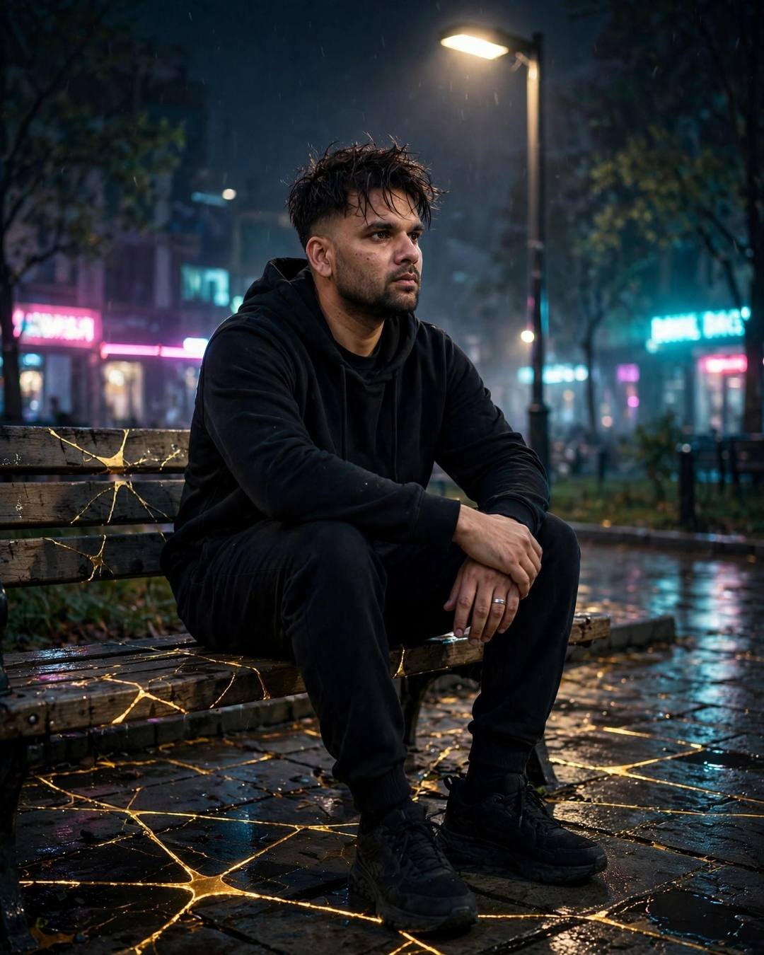 Young man in black streetwear sitting on a park bench at midnight, knees drawn up, golden cracks glowing in the bench and pavement