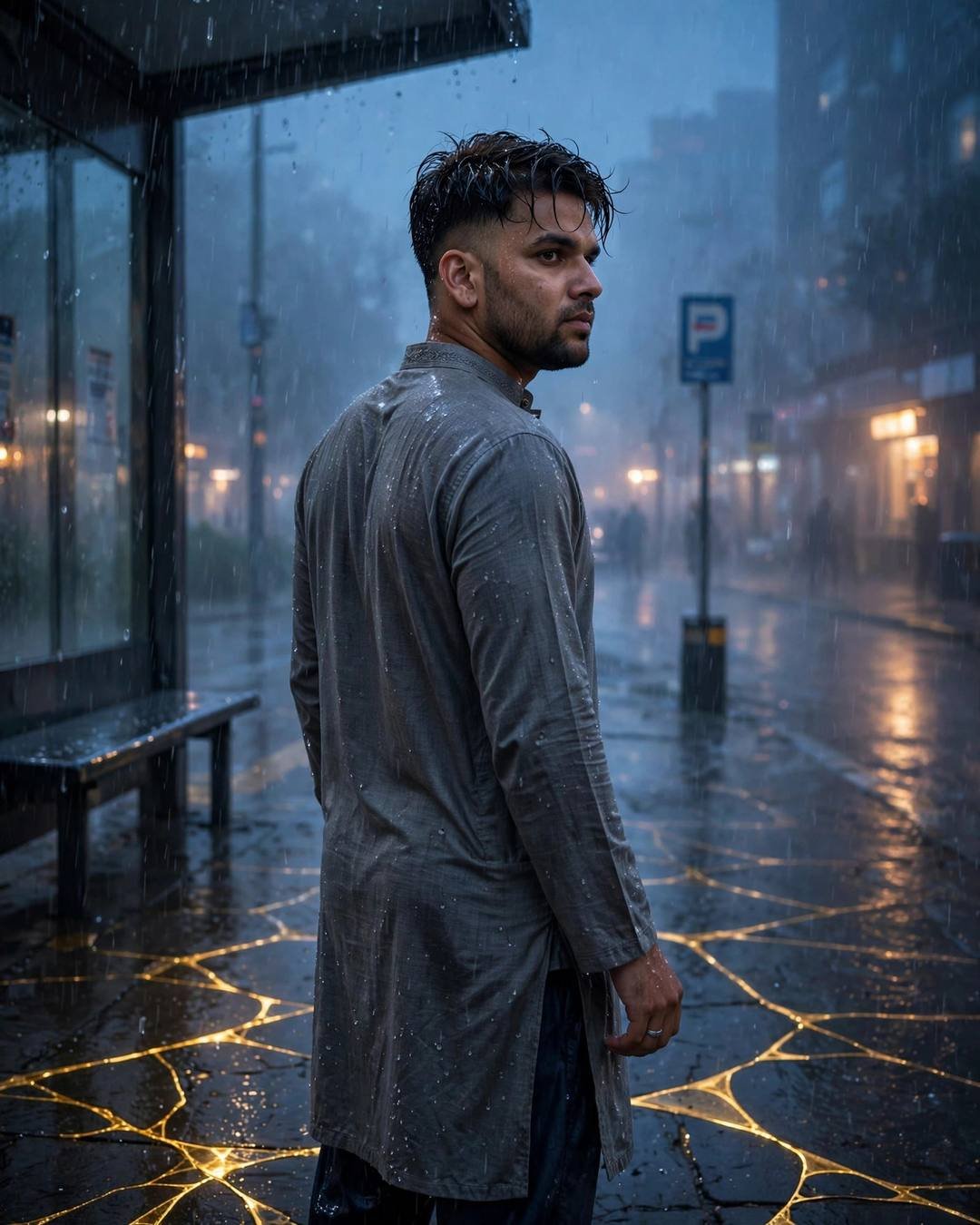 Young man in a grey kurta at a rainy bus stop, back to camera, looking over his shoulder, golden cracks glowing in the pavement
