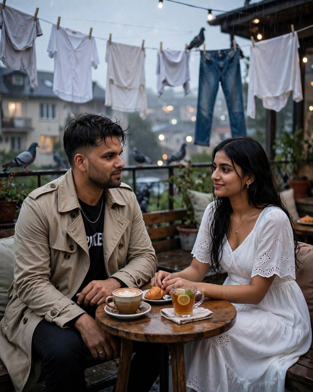 Young couple at a terrace cafe table at blue hour, hands almost touching over coffee cups