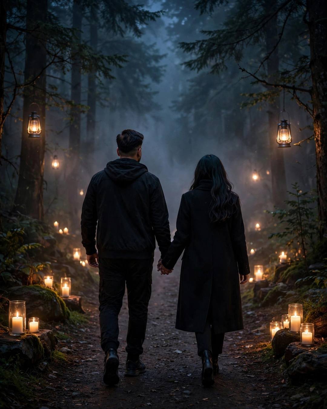 Young couple walking hand in hand into a misty lantern-lit forest path at night
