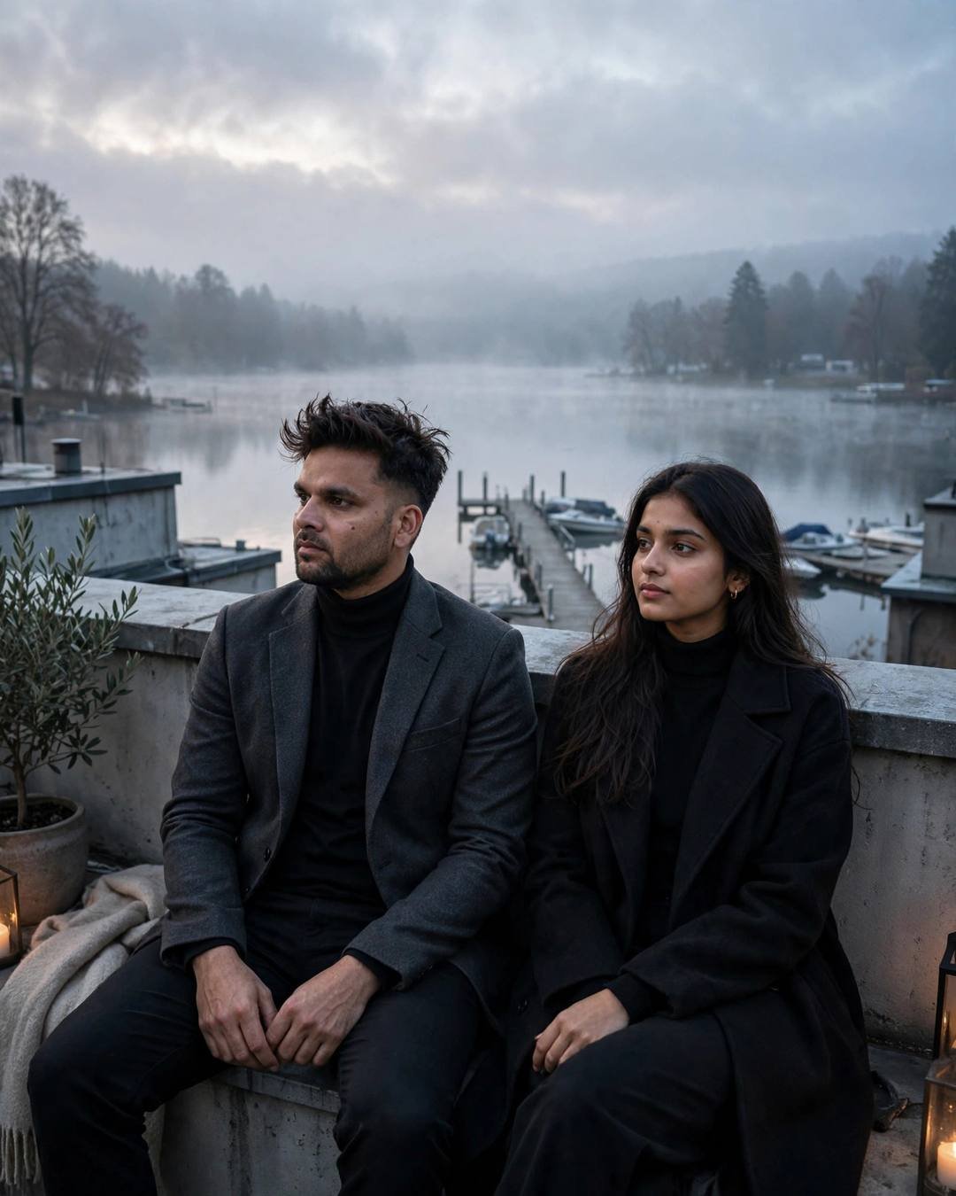 Young couple sitting on a rooftop at dawn overlooking a misty lake with boats