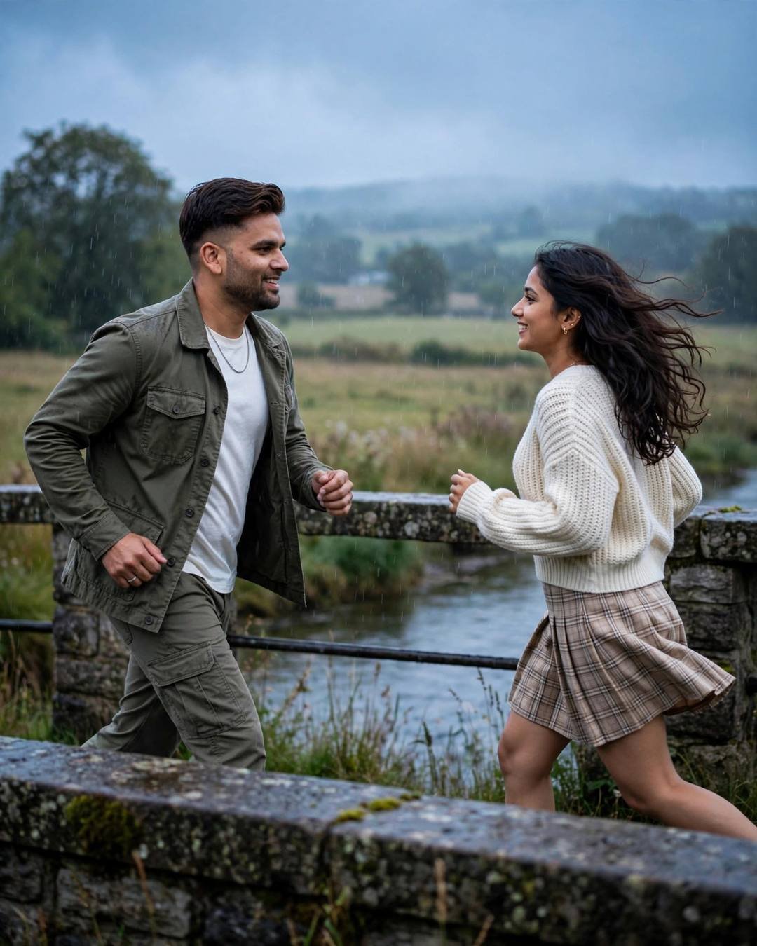 Young couple running toward each other laughing on a stone bridge over a river