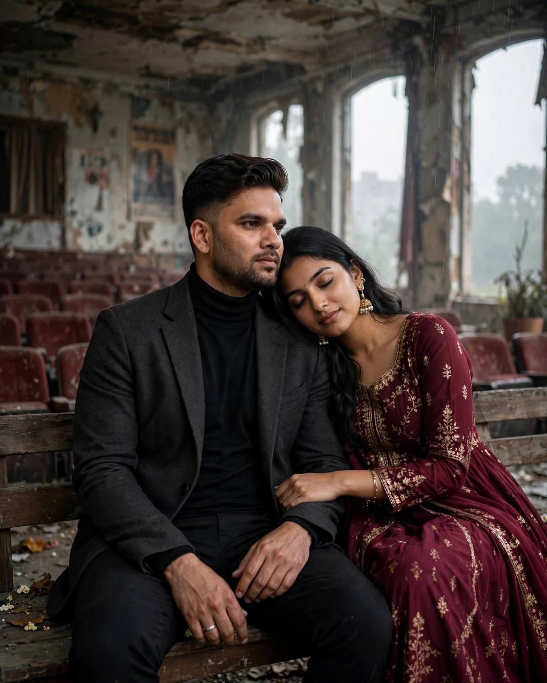 Young couple on a bench in an abandoned cinema, her head on his shoulder