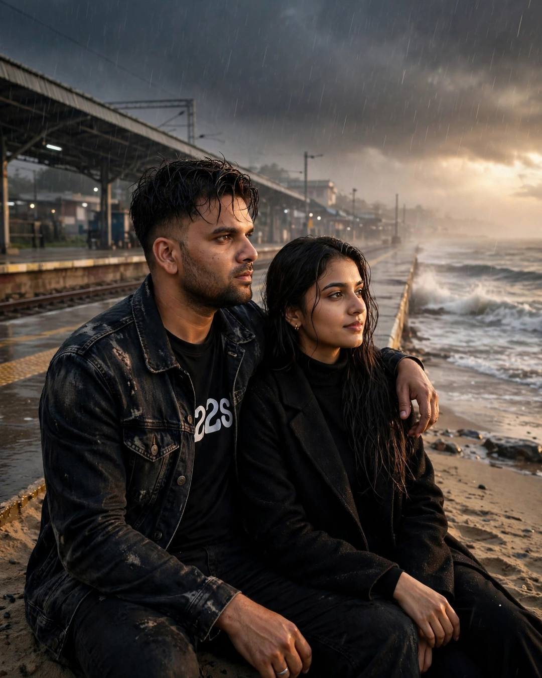 Couple on a beach where a railway platform meets the sea, storm breaking at dawn, denim jacket and black coat