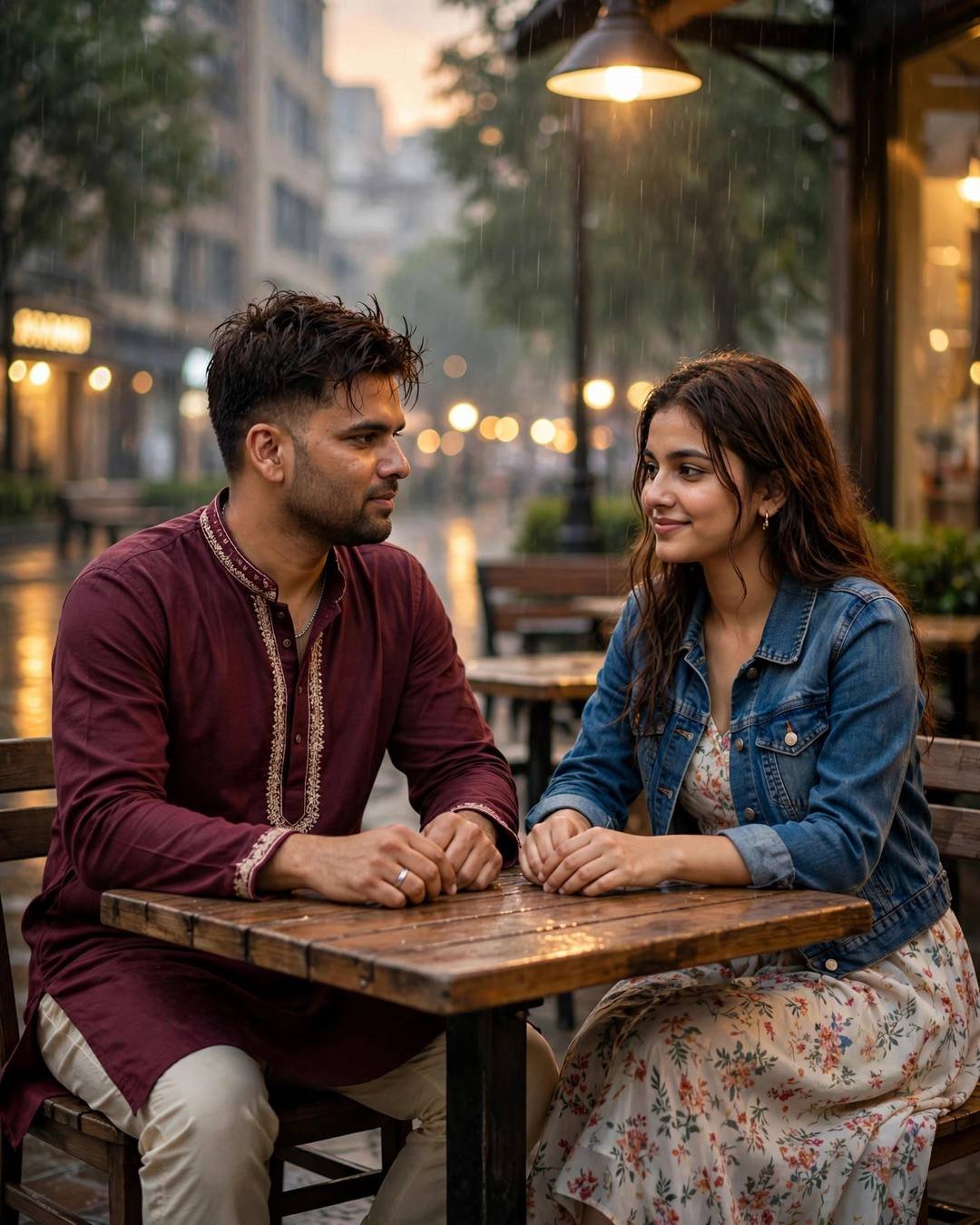 Couple across a cafe table in golden-hour rain, maroon kurta and denim jacket over floral dress, hands nearly touching