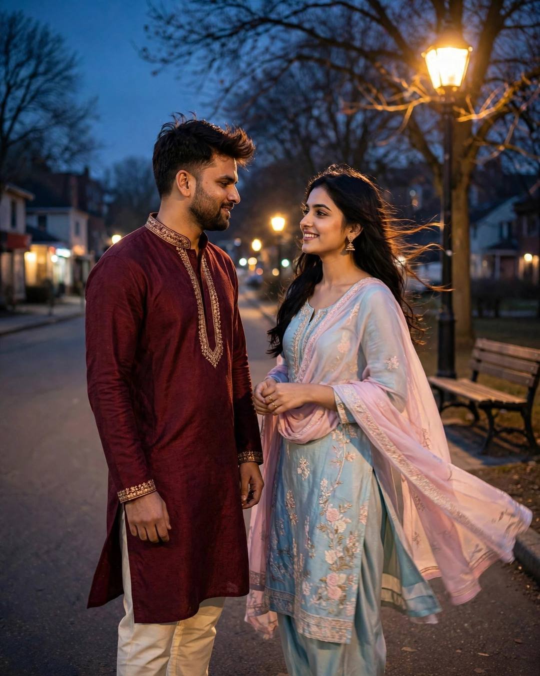 Couple facing each other on a lamp-lit street at dusk, maroon kurta and pastel salwar-kameez with pink dupatta flying in the wind