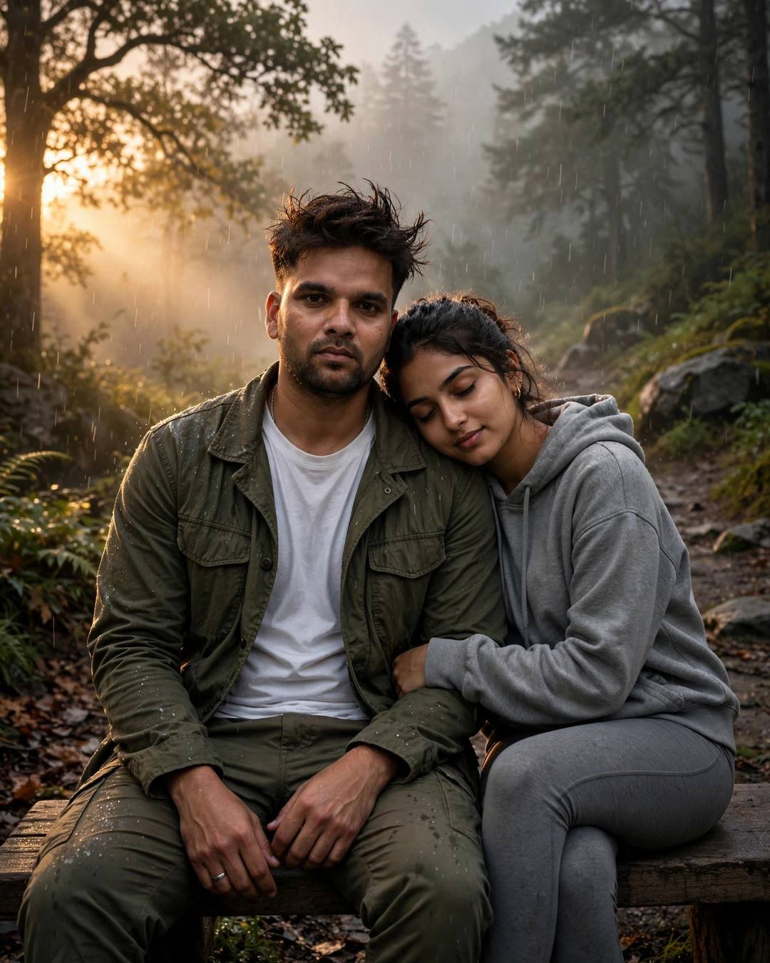 Couple on a bench in a misty forest in drizzle, her head on his shoulder, olive field jacket and grey hoodie, golden light through trees