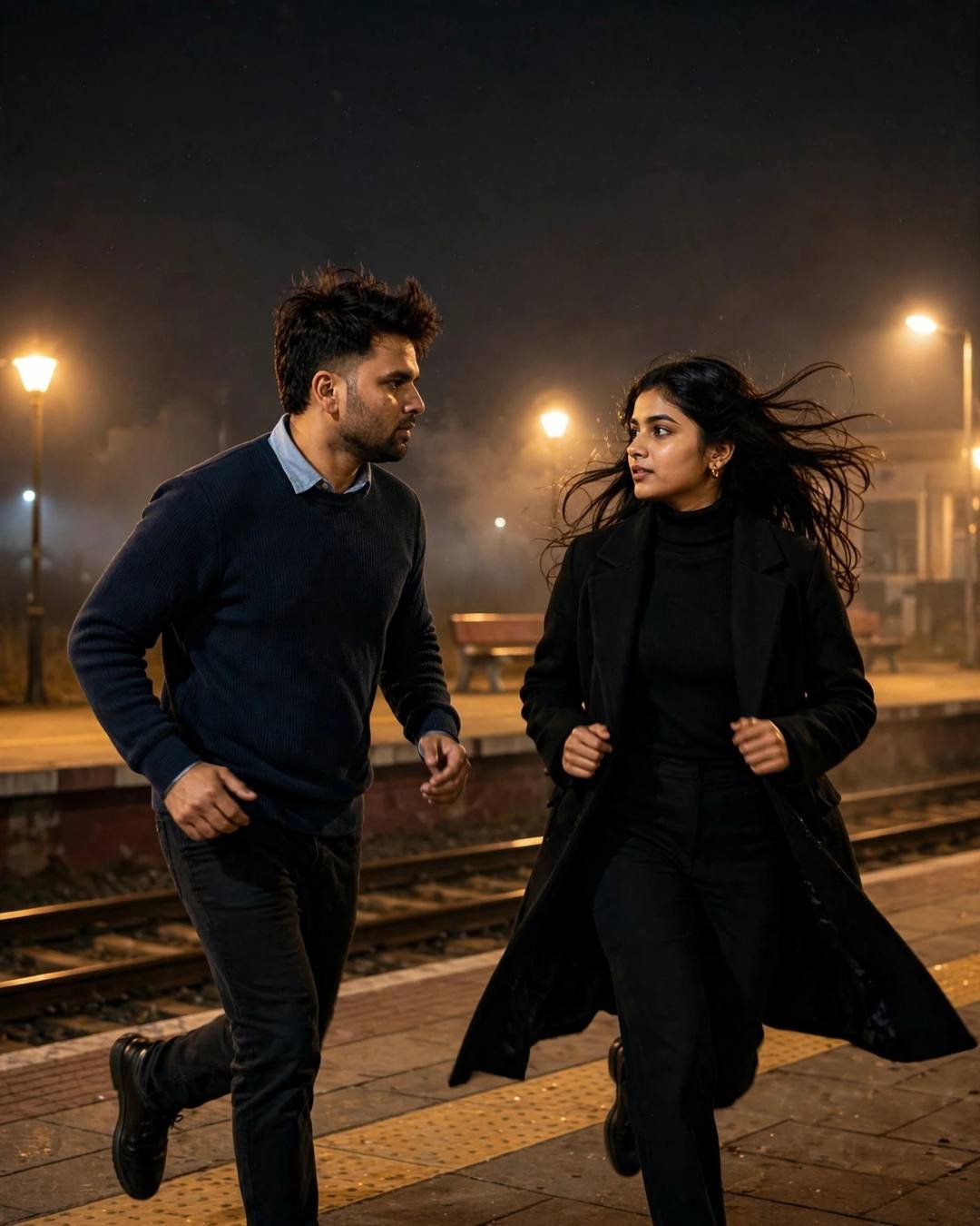 Couple running on an empty railway platform at night, navy sweater and black coat, golden sodium lamps