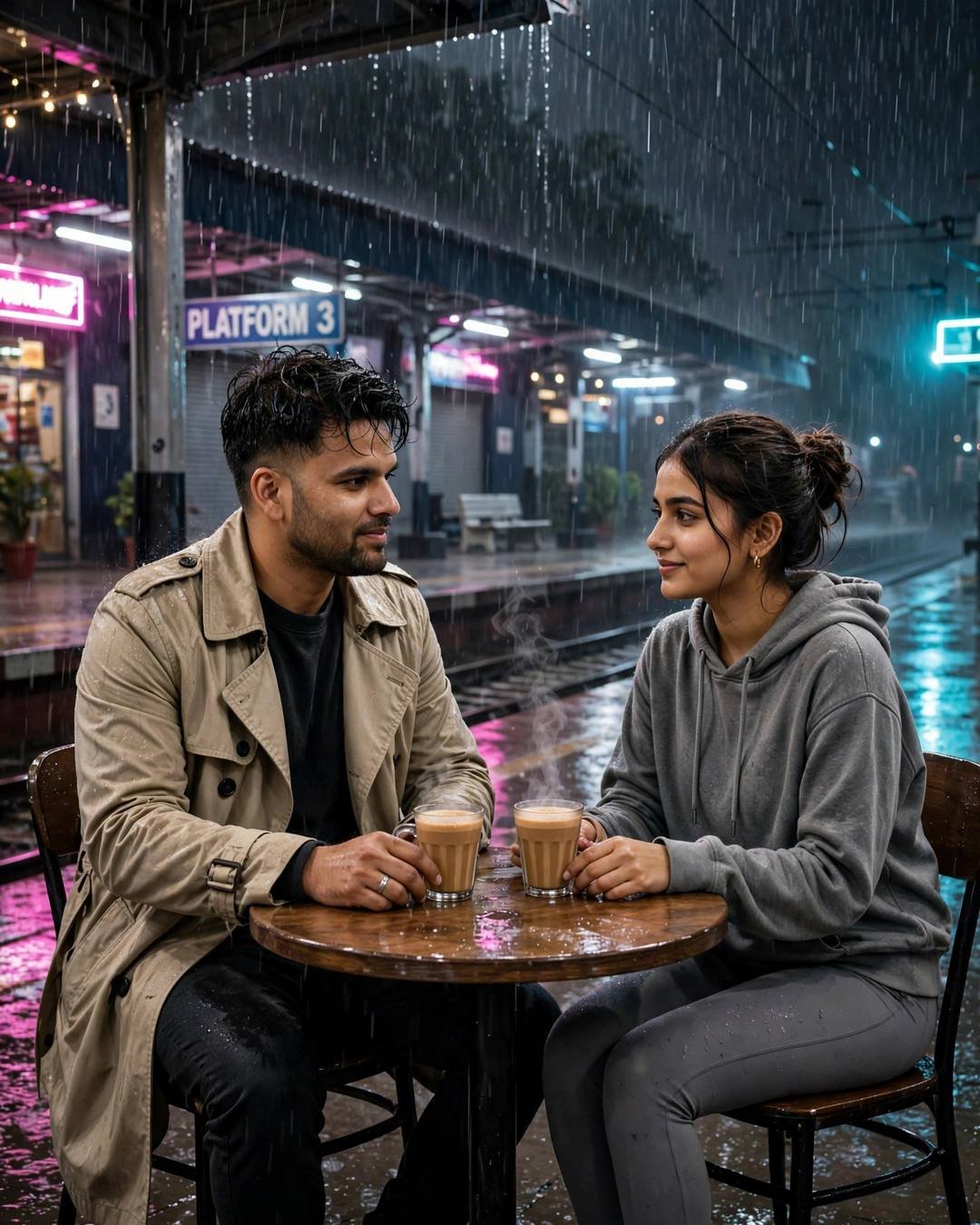 Couple sharing chai at a small table on a rainy platform at night, beige trench coat and grey hoodie, neon signs glowing