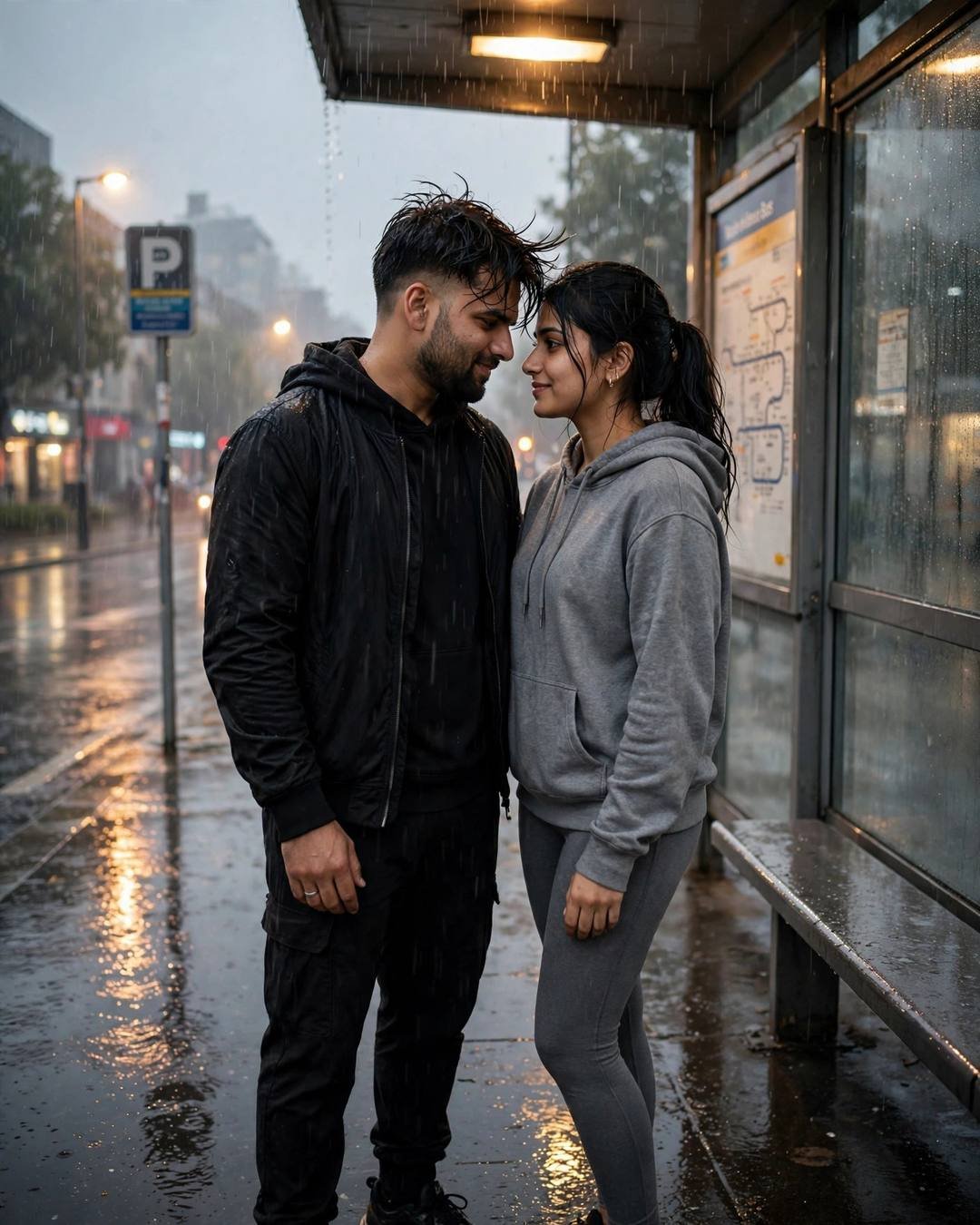 Cinematic AI portrait: adorable everyday love — matching oversized hoodies on a grocery run (Cute Couple mood)