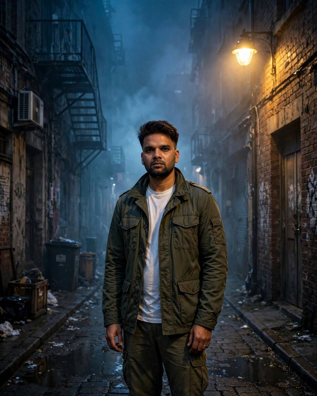 Young Indian man in olive field jacket standing in a fog-filled brick alley at night, lit by a warm lamp