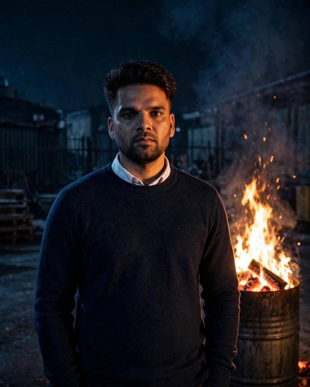 Young Indian man in navy sweater beside a burning barrel at night, firelight on one side of his face