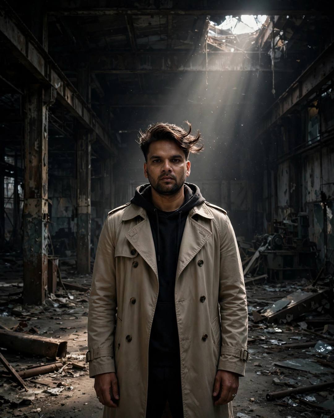Young Indian man in beige trench coat standing in a light shaft inside an abandoned factory