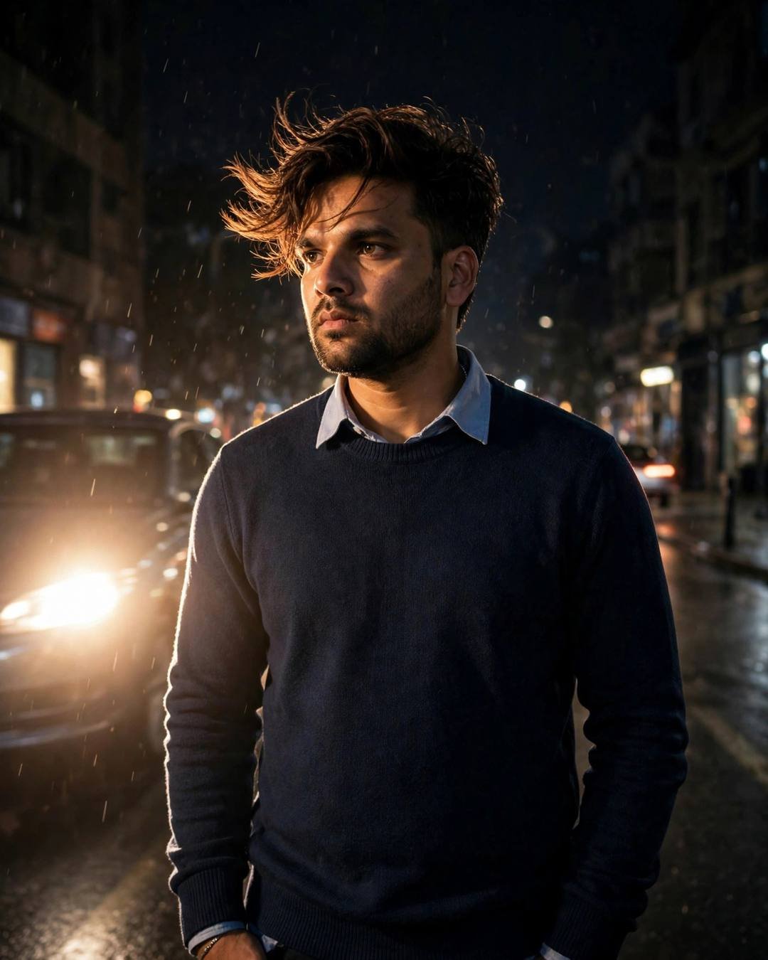 Young Indian man in navy sweater with half his face lit by a passing car headlight on a rainy street