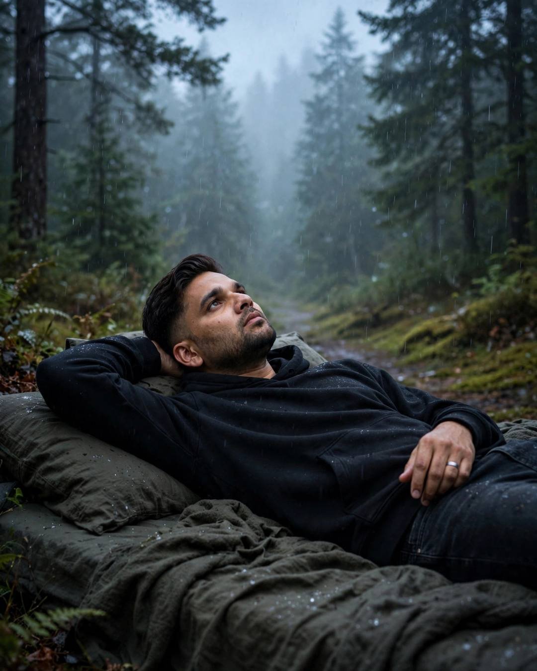 Young Indian man in black hoodie lying on a mattress in a misty rainy forest, staring up at the sky