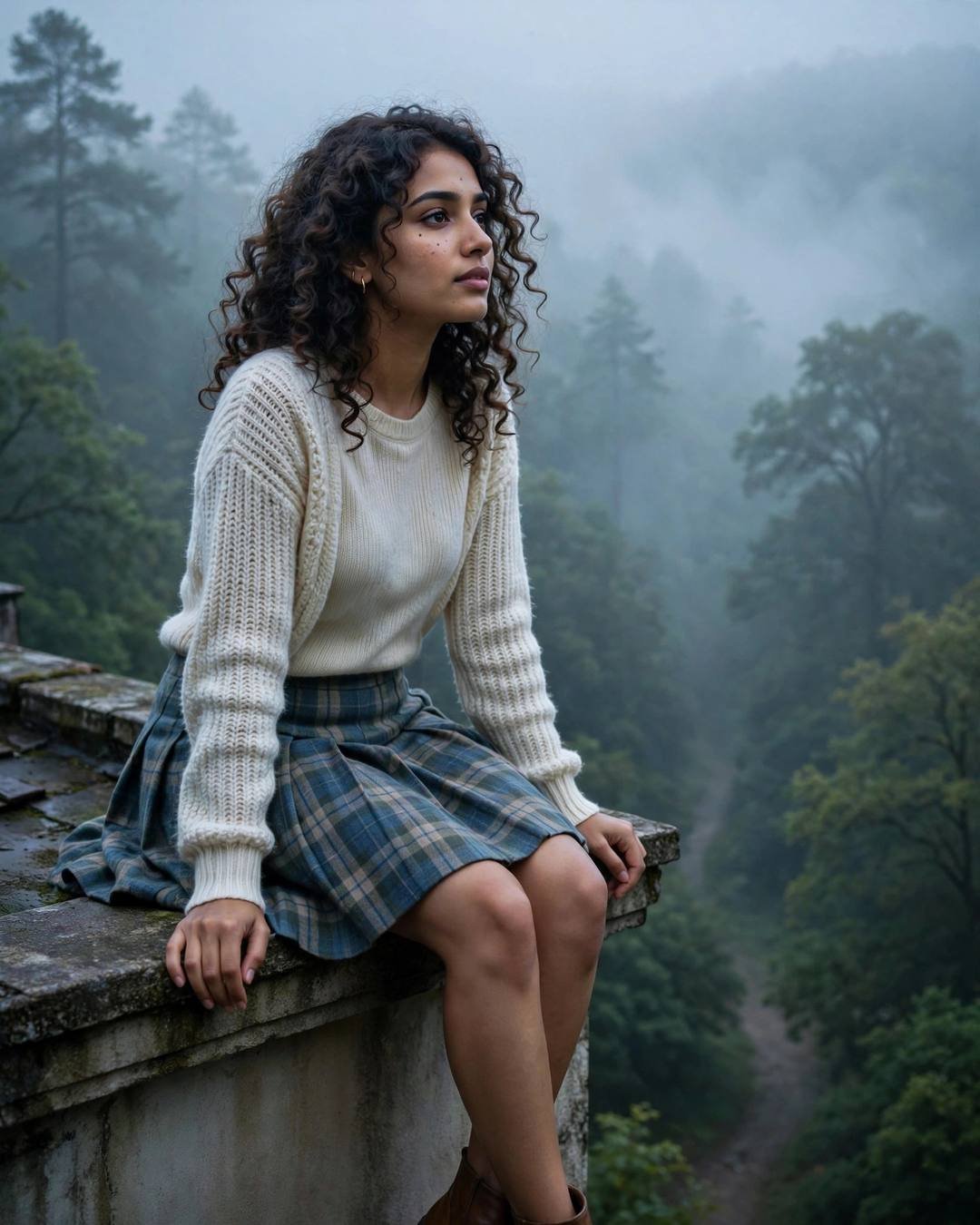 Young Indian woman sitting on a rooftop ledge above a misty forest, wrapped in her mother's saree, legs dangling