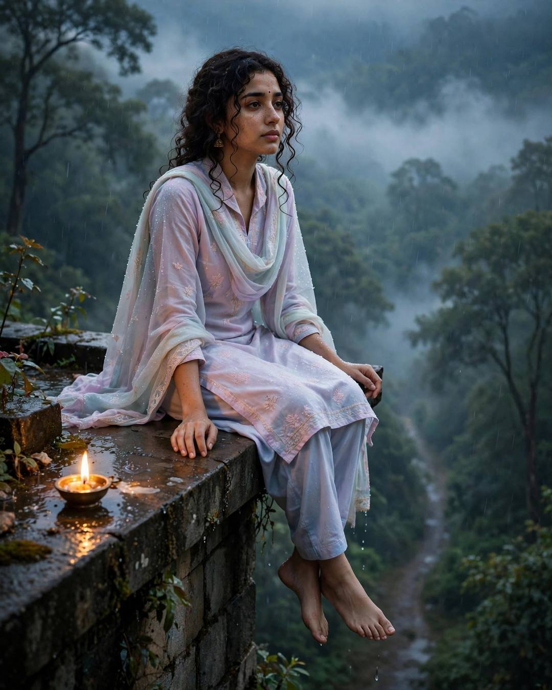 Young Indian woman in pastel salwar-kameez sitting on a rooftop ledge in drizzle, holding a locket, diya burning beside her