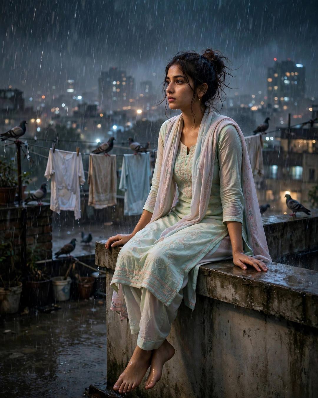 Young Indian woman sitting on a rainy rooftop terrace at midnight reading childhood diaries, city glowing through monsoon rain