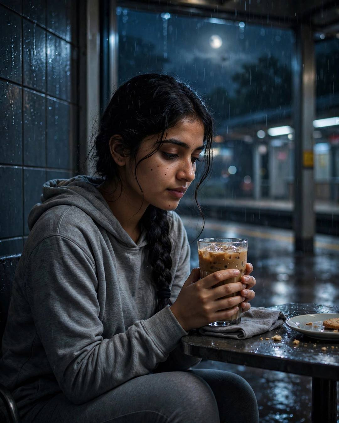 Young Indian woman sitting alone at a midnight metro station cafe table, cradling a cold coffee, lost in thought