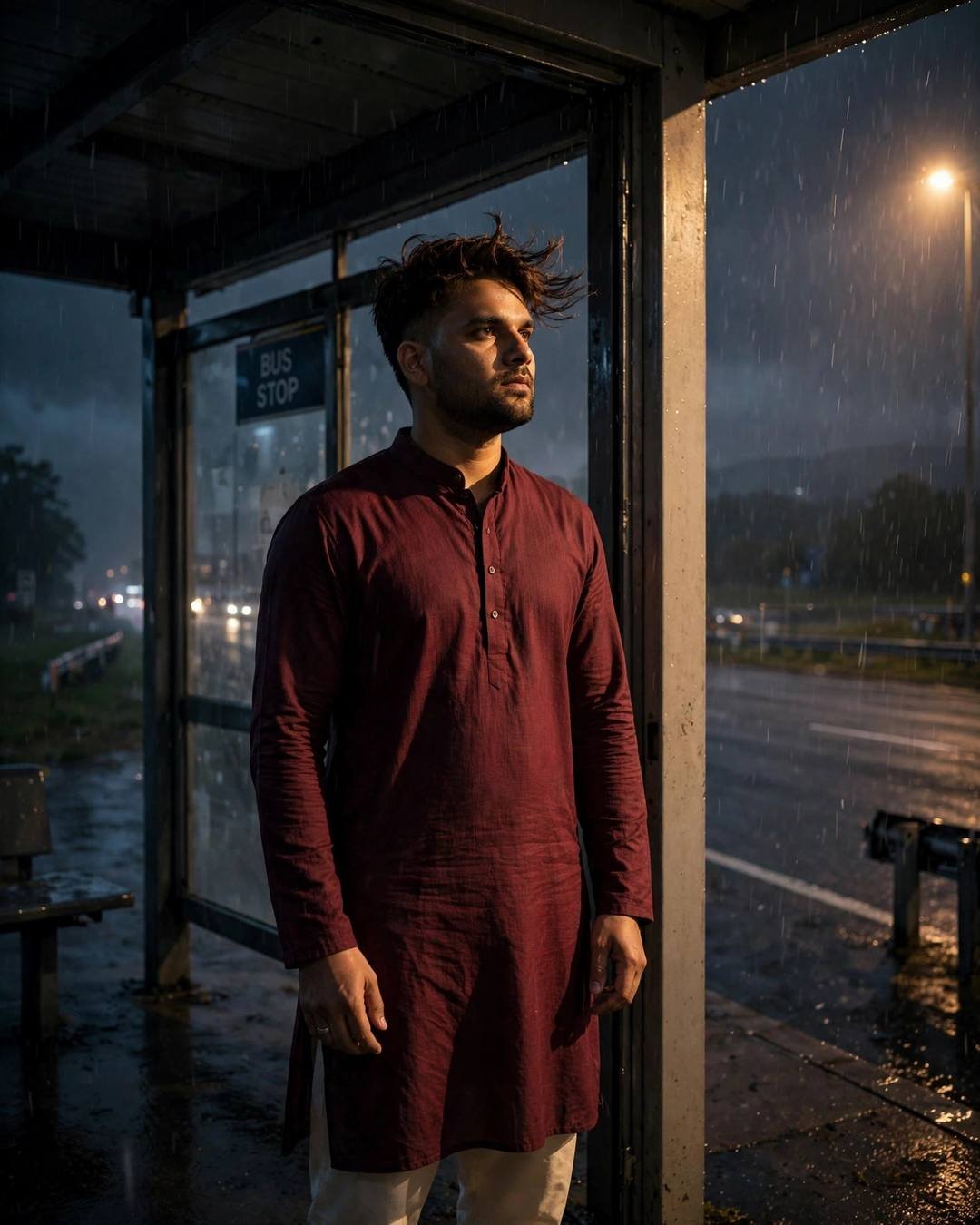 Young Indian man in maroon kurta standing at a bus stop shelter in the rain at night