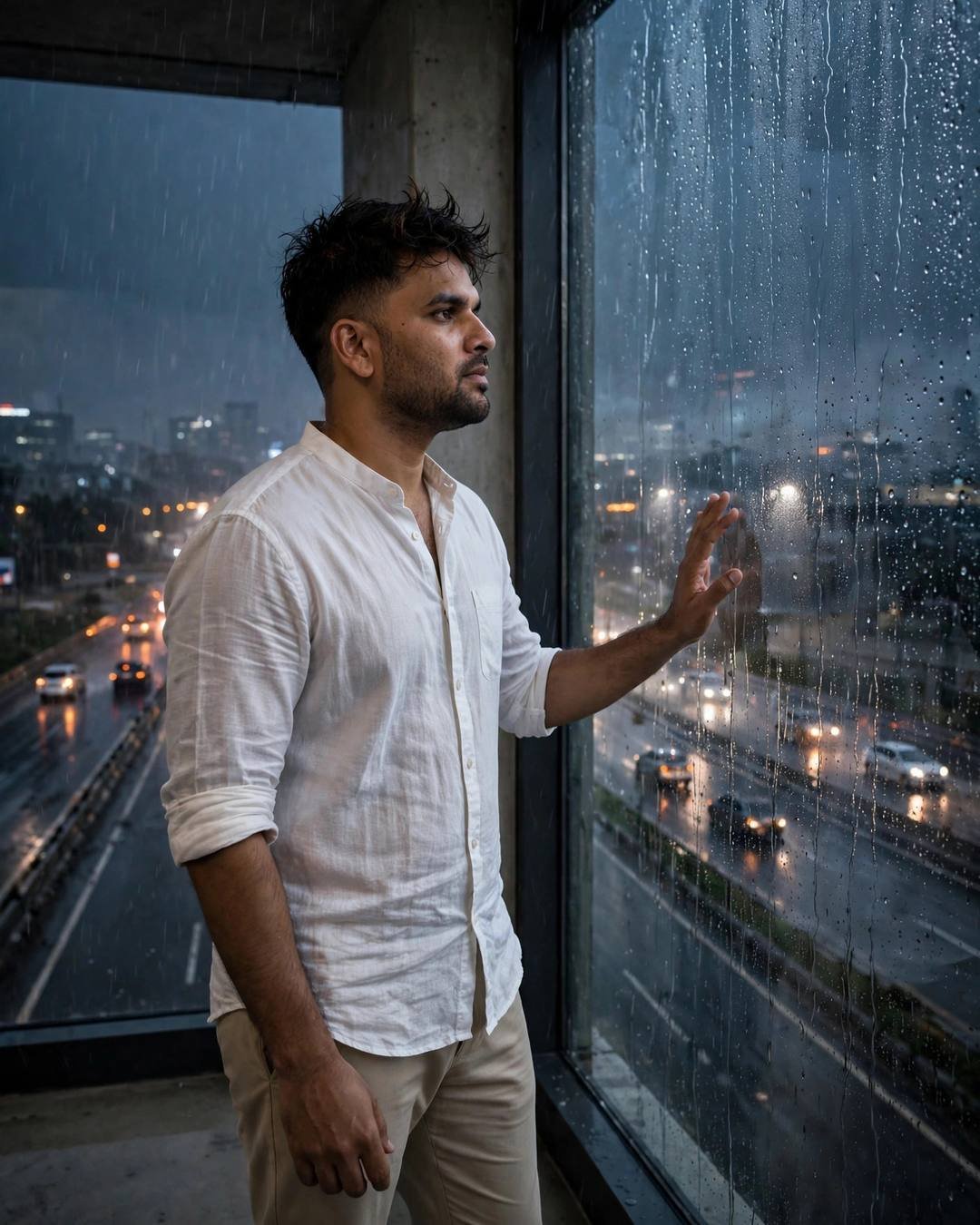 Young Indian man in white linen shirt with hand on a rain-streaked window above a rainy highway