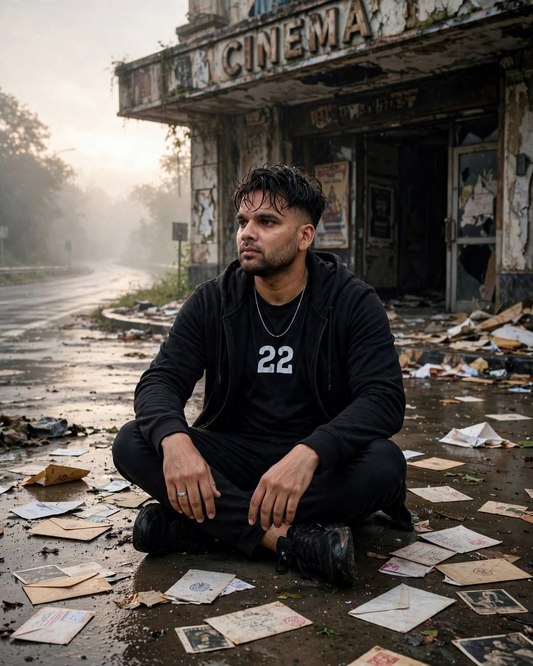 Young Indian man in black streetwear sitting among letters in front of an abandoned cinema at dawn