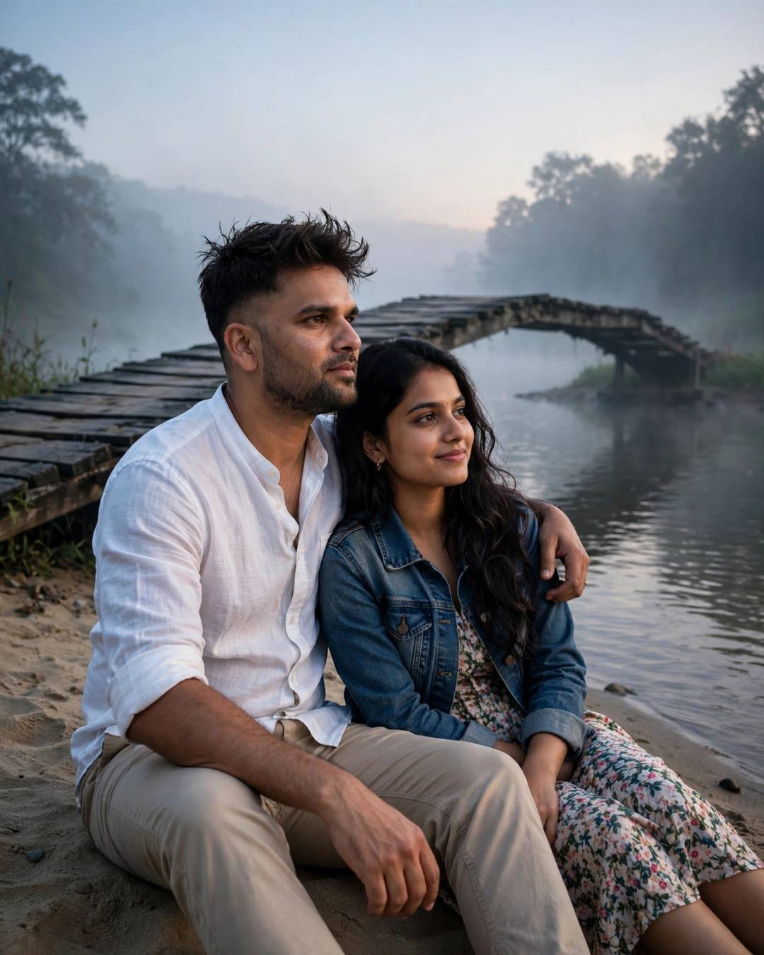 Young couple sitting on a sandy riverbank at dawn, his arm around her, foggy bridge over the river behind