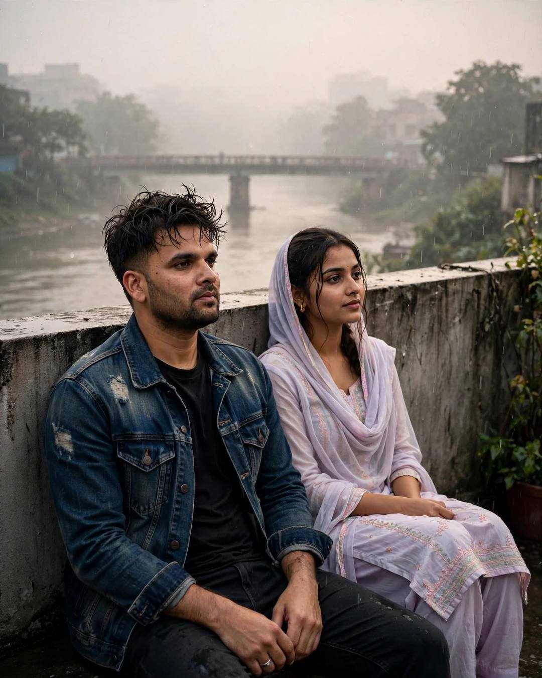 Young couple sitting together on a riverside wall at dawn in light drizzle, bridge over the river behind them