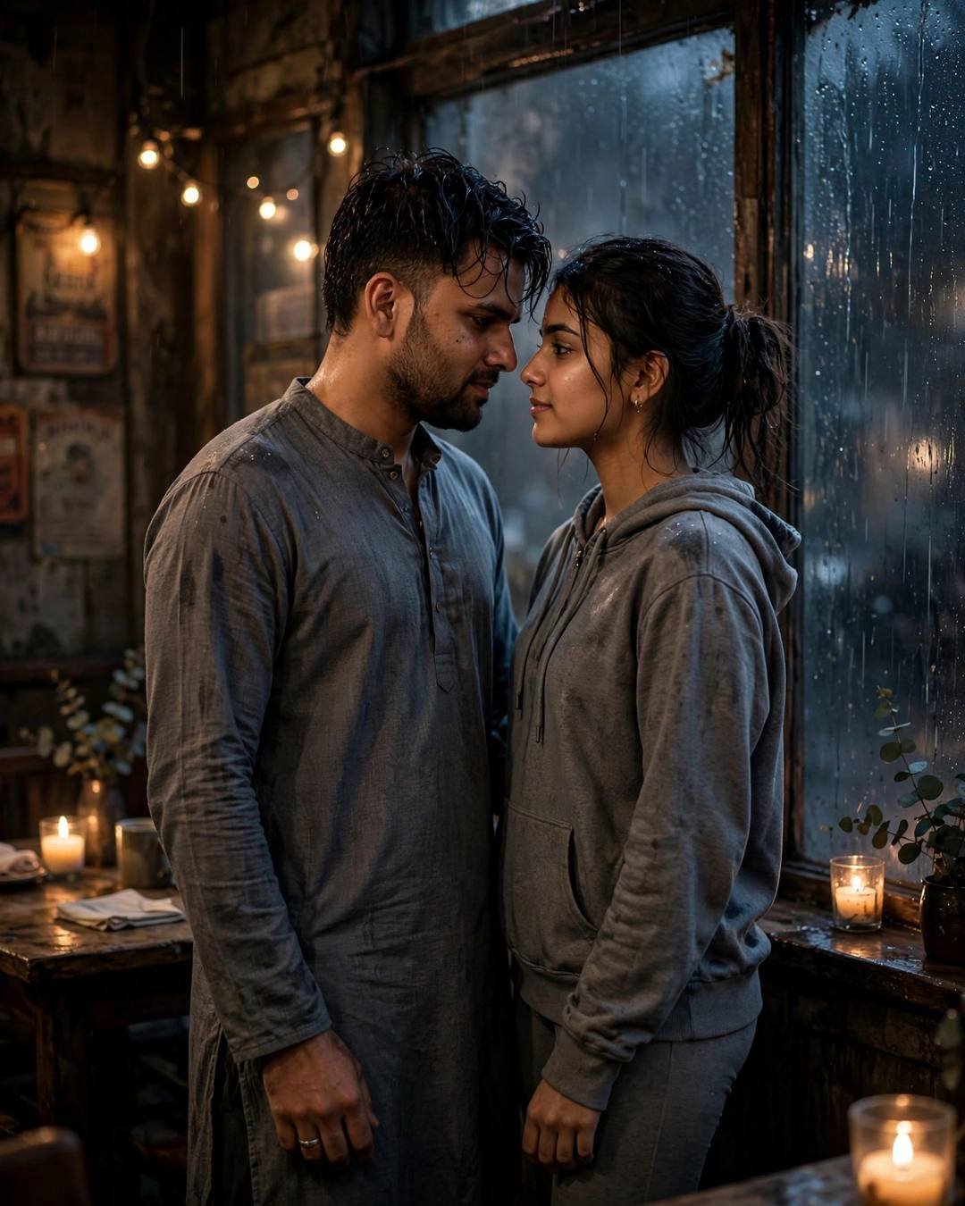 Couple standing face to face with foreheads almost touching in a candlelit cafe with fogged windows