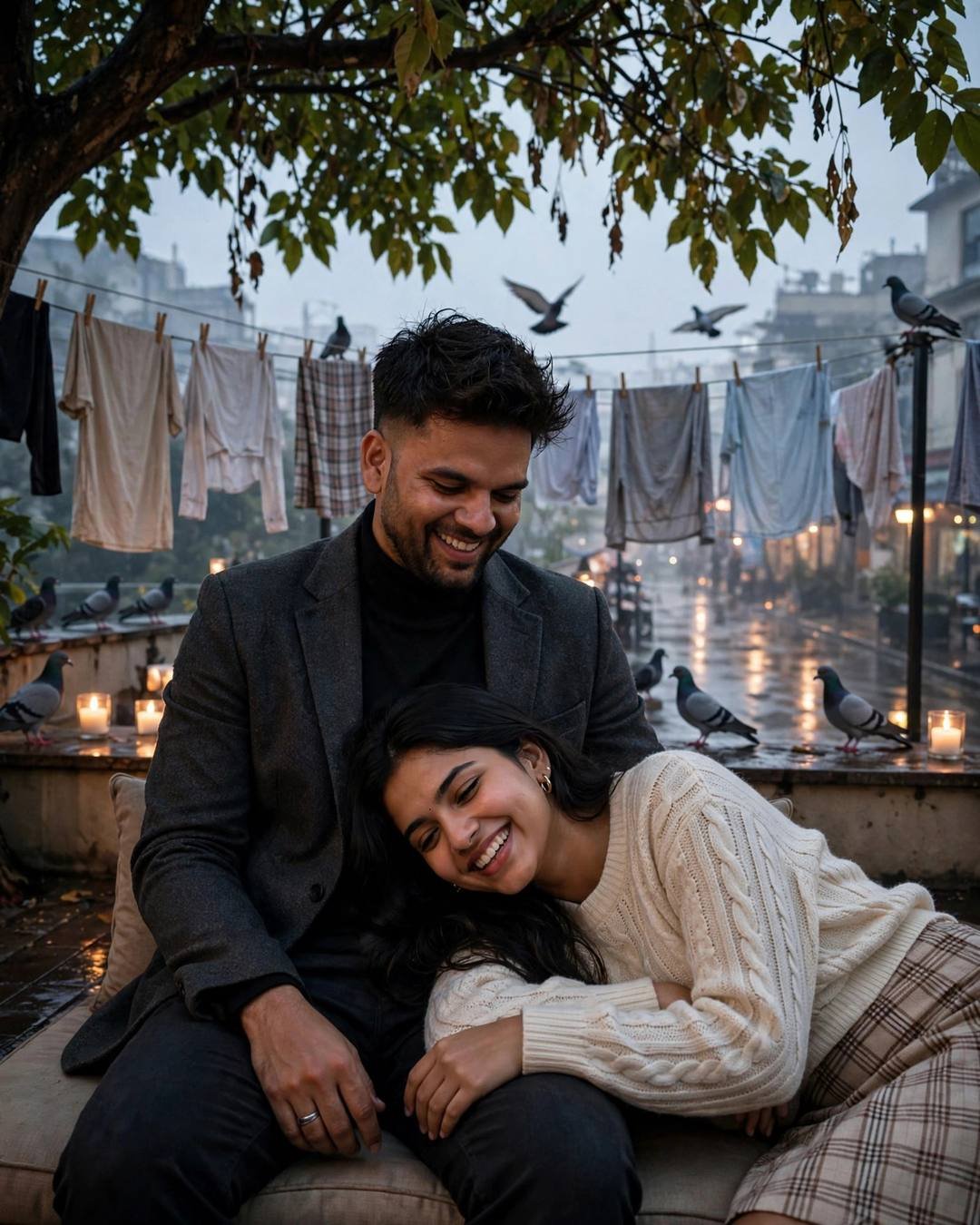 Couple on a rooftop terrace at dawn, her head in his lap, both laughing, clothes lines and pigeons around
