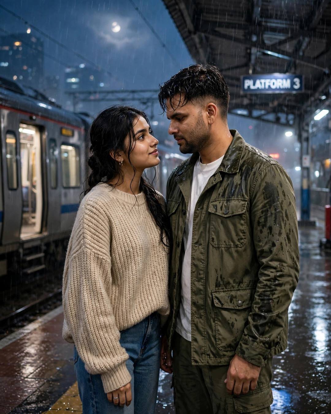Couple sharing one last hug on a moonlit railway platform at night as the train waits