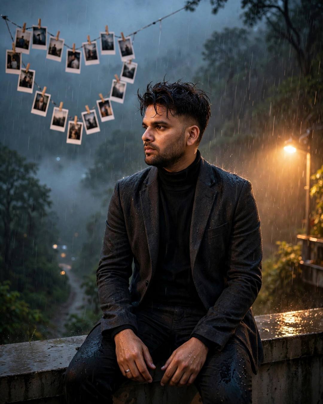 Young man sitting on a rooftop ledge at midnight in monsoon rain, polaroids hanging on a line beside him