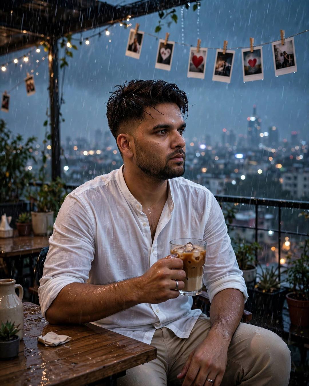 Young man sitting alone at a rooftop cafe table in monsoon rain at blue hour, cradling a cold coffee