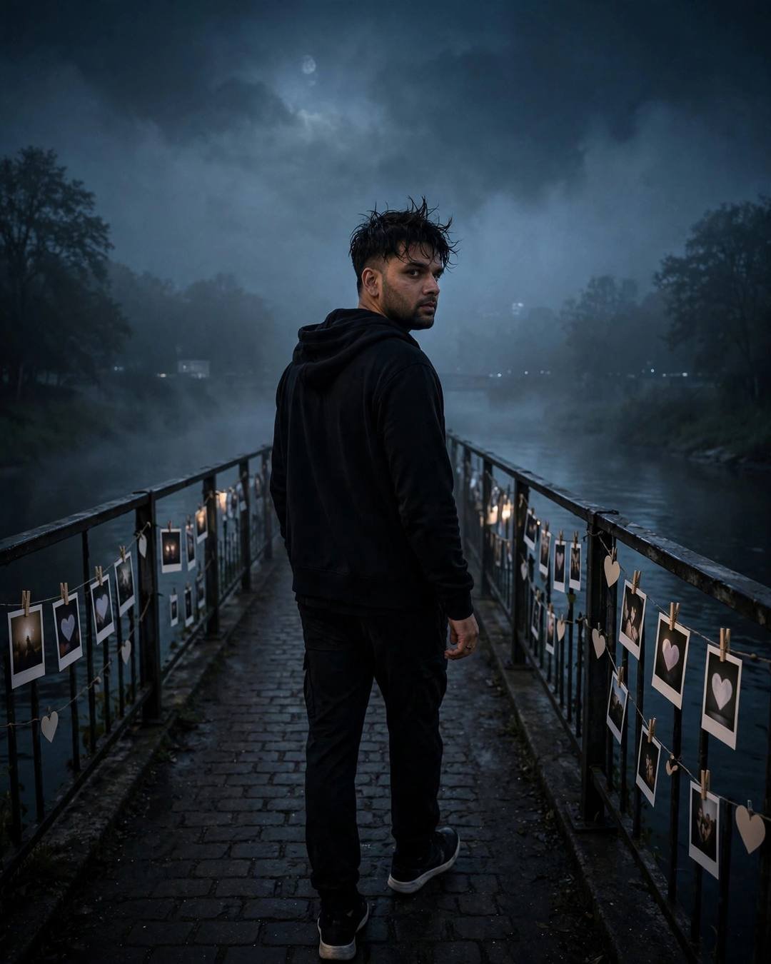 Young man walking away on a foggy moonlit bridge at midnight, polaroids hanging on strings along the rails