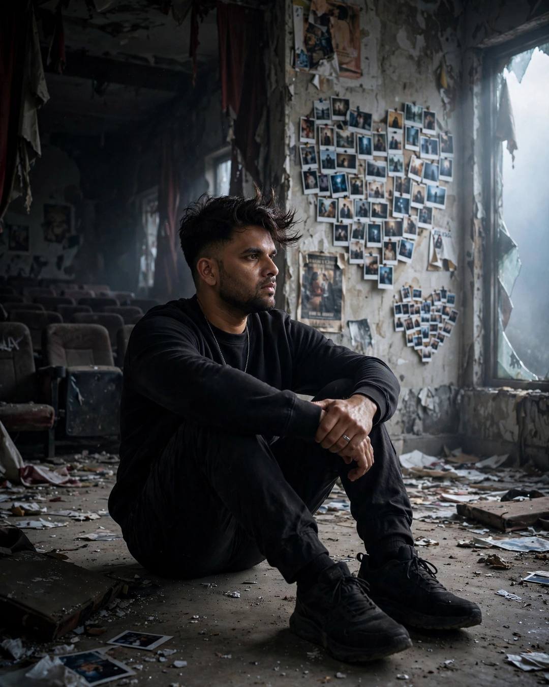 Young man sitting with knees drawn up in an abandoned cinema hall at dawn, polaroids covering the wall behind him