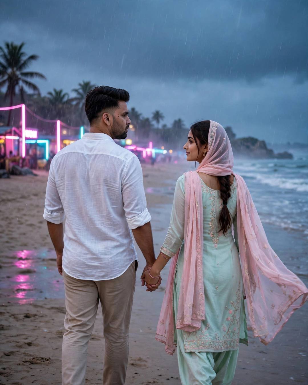 Young couple walking hand in hand on a rainy beach at dusk with neon shacks behind