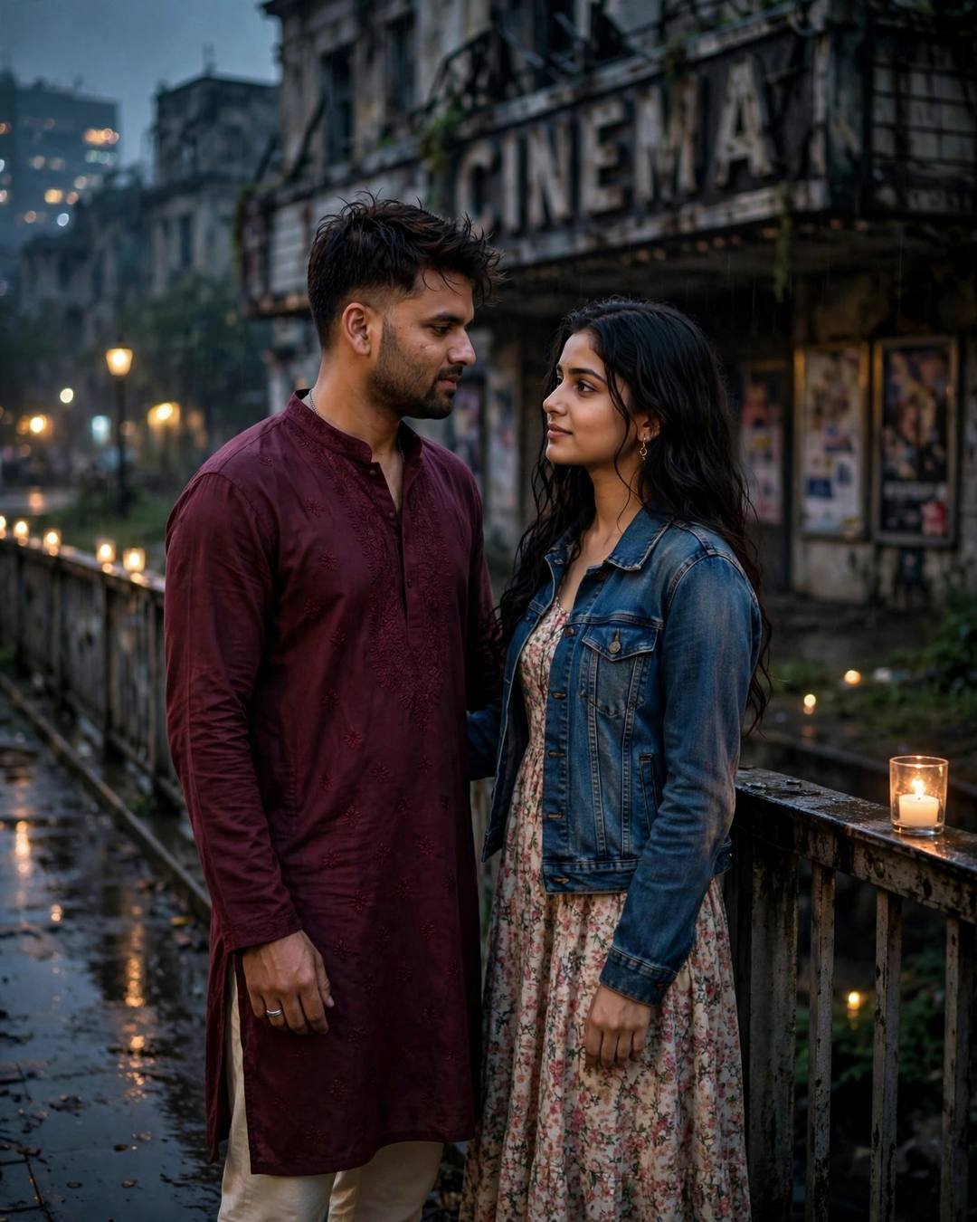Young couple on a candlelit bridge at night in front of an old cinema