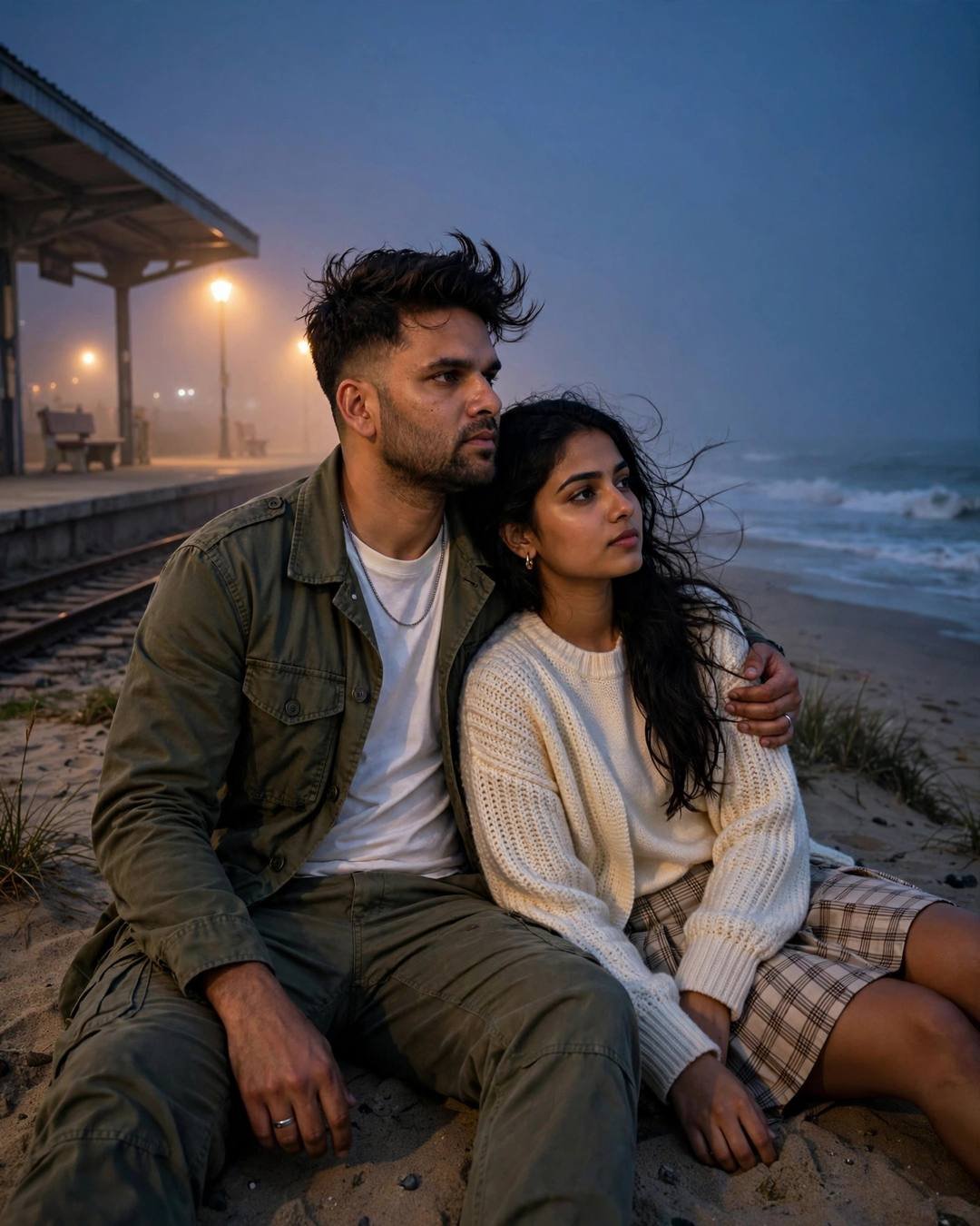 Young couple sitting on sand in front of a foggy railway platform at blue hour