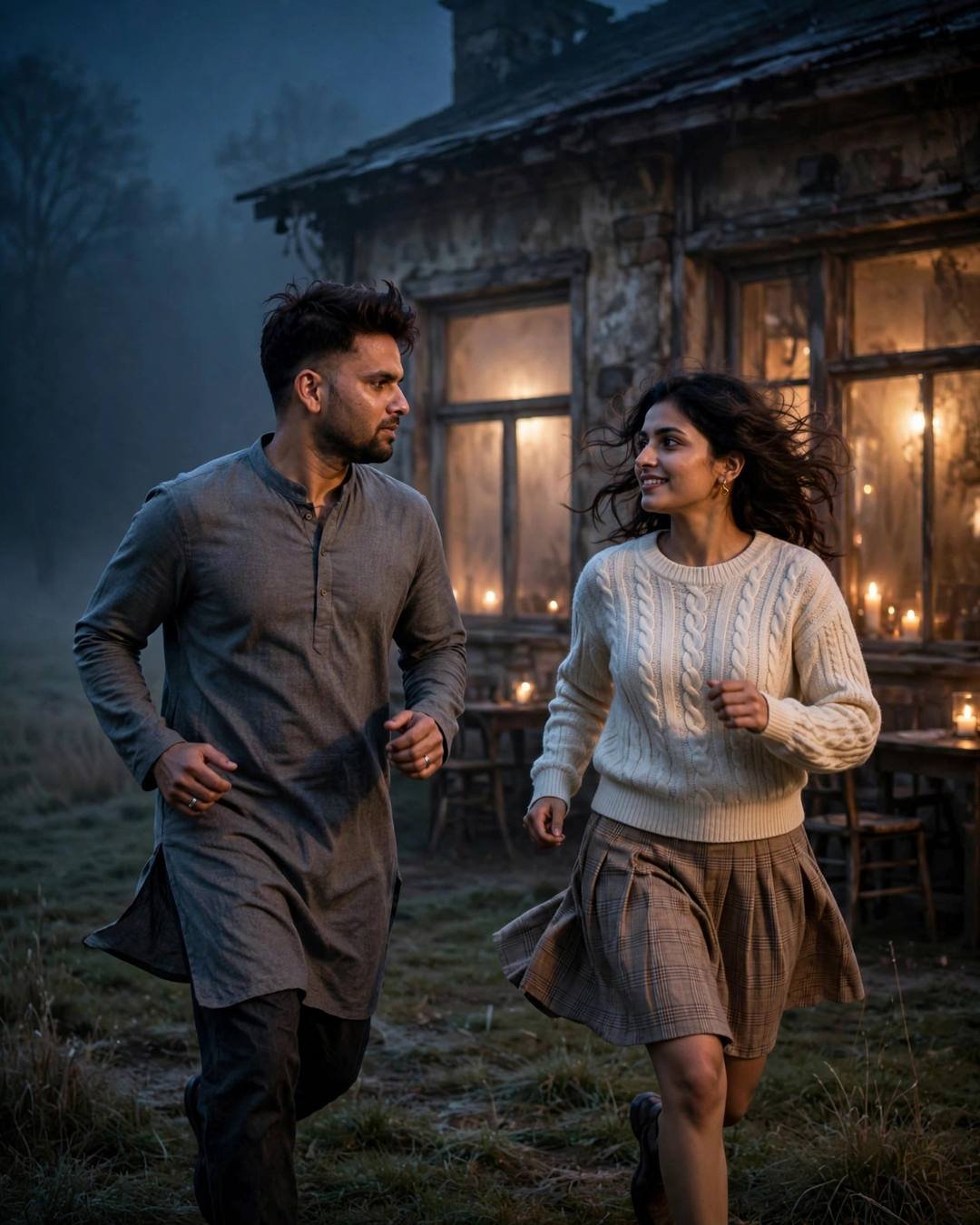 Couple running toward each other in fog outside a candle-lit stone house at night, grey kurta and cream knit sweater
