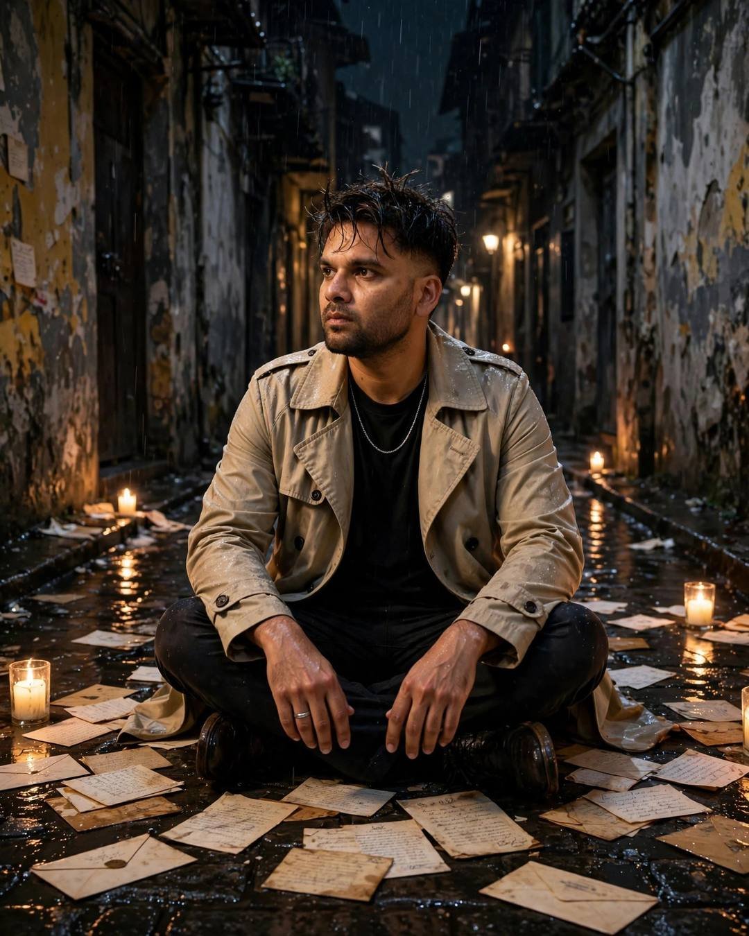 Young Indian man in beige trench coat sitting among old letters in a candlelit old city lane at night