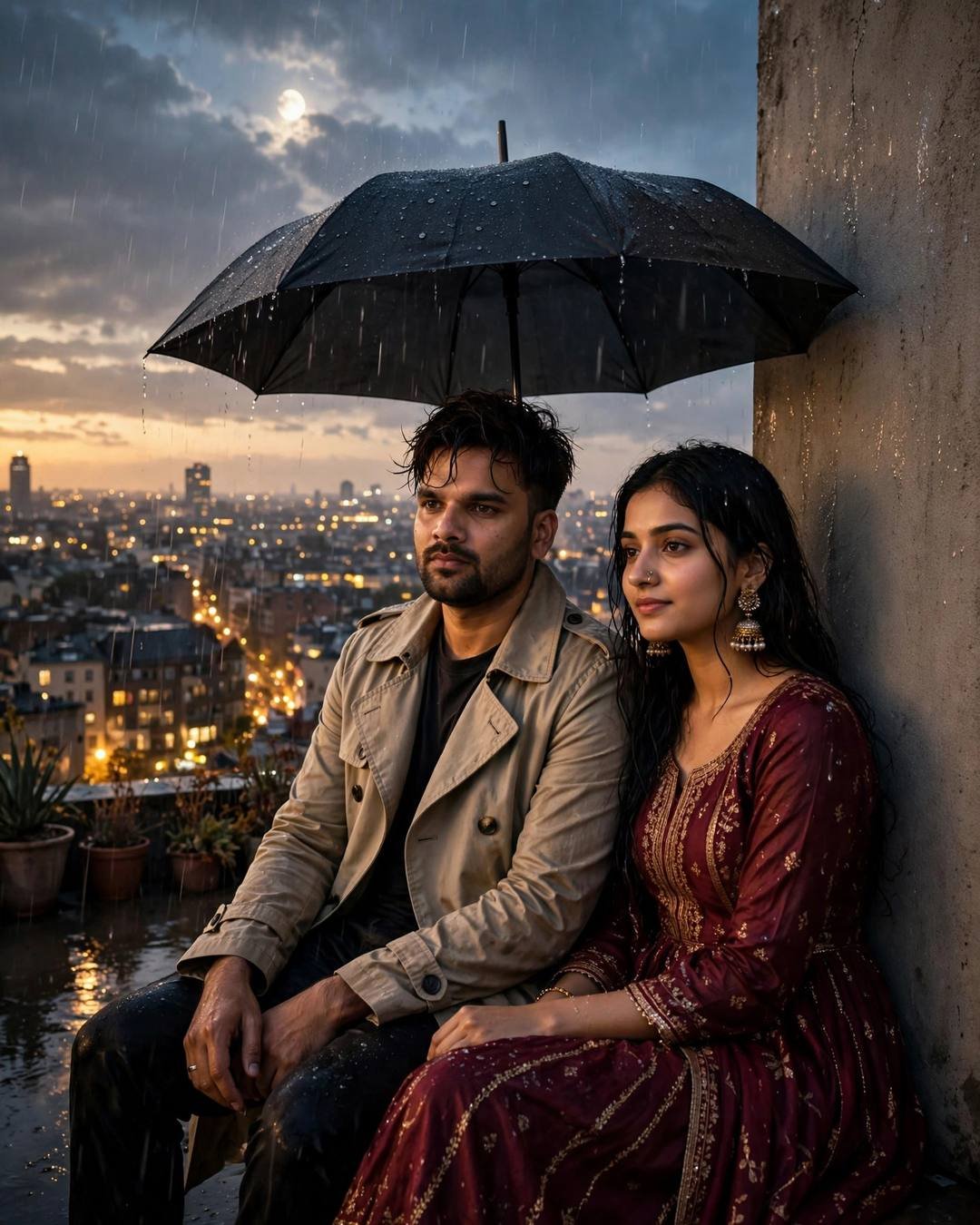 Couple sharing one black umbrella on a rooftop at dusk, man in beige trench coat, woman in maroon anarkali with jhumkas, city lights behind