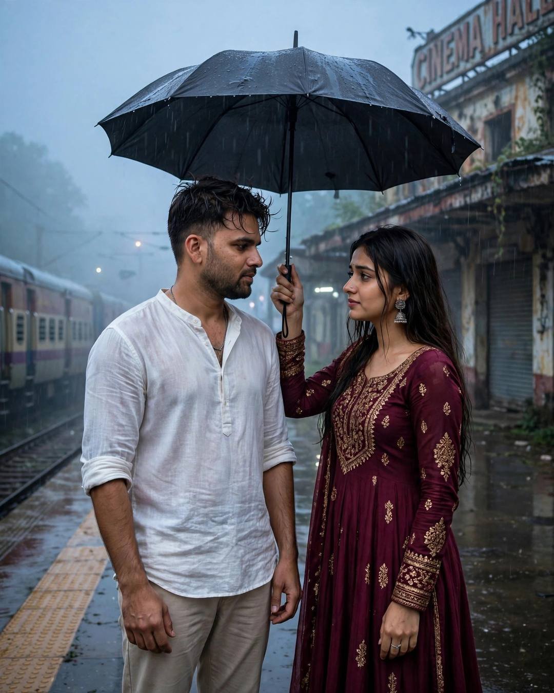 Couple facing each other under a black umbrella on a foggy railway platform, white linen shirt and maroon anarkali, cinema hall behind