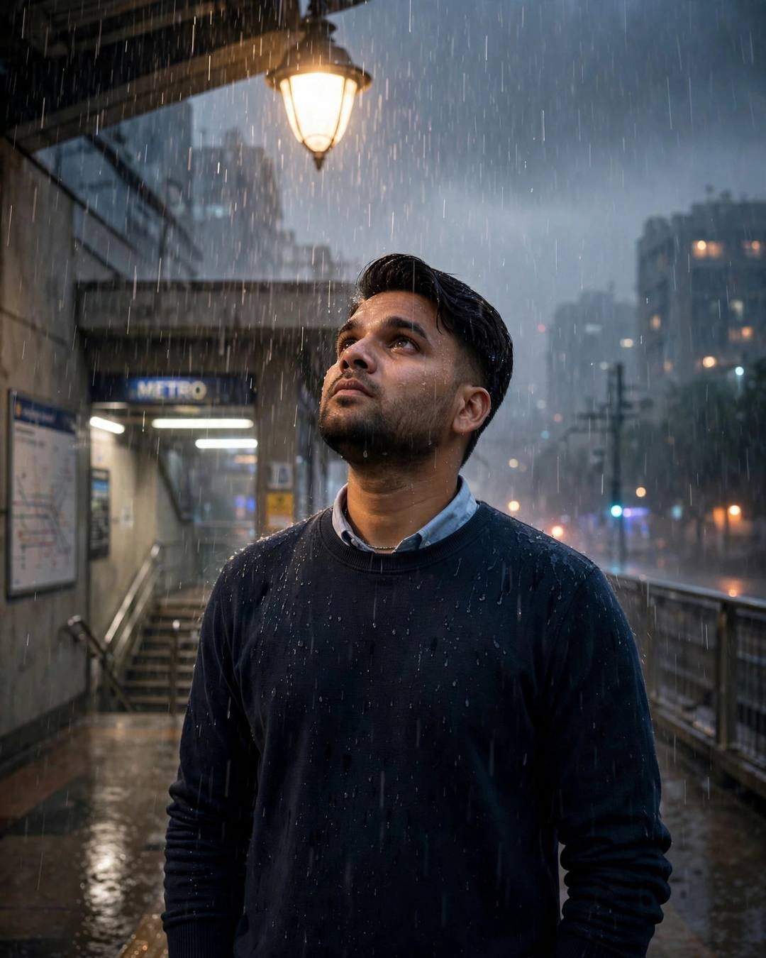 Young Indian man in navy sweater standing under a streetlamp in heavy rain with his face lifted to the sky