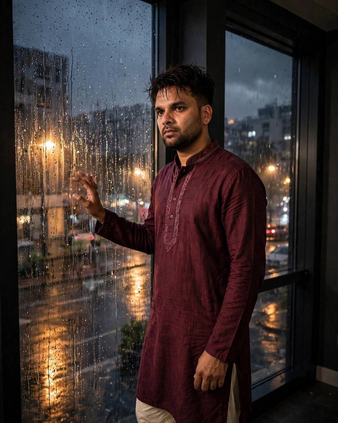 Young Indian man in maroon kurta with one hand on a rain-streaked window, golden streetlamp glow through the drizzle