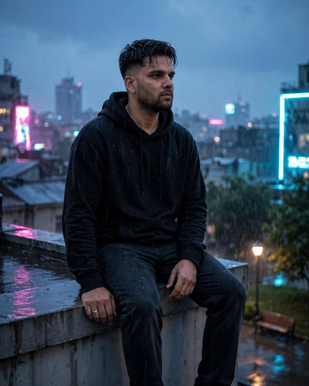 Young Indian man in black hoodie sitting on a rooftop ledge in light rain with a neon city skyline behind him at dusk