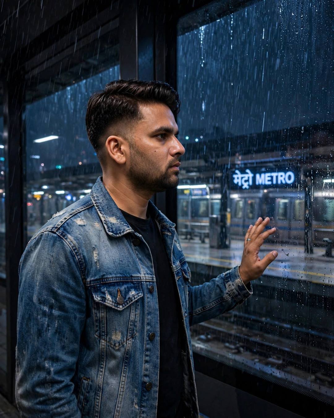 Young Indian man in denim jacket at a rain-streaked metro window at midnight with monsoon rain outside