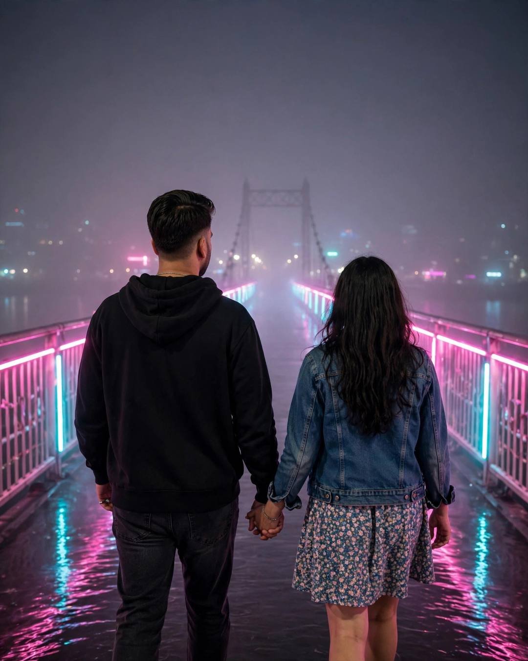 Couple walking hand in hand away from camera across a neon-lit foggy bridge at night