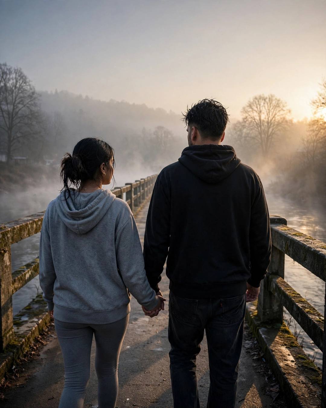 Couple walking hand in hand away from camera on a misty stone bridge toward dawn light